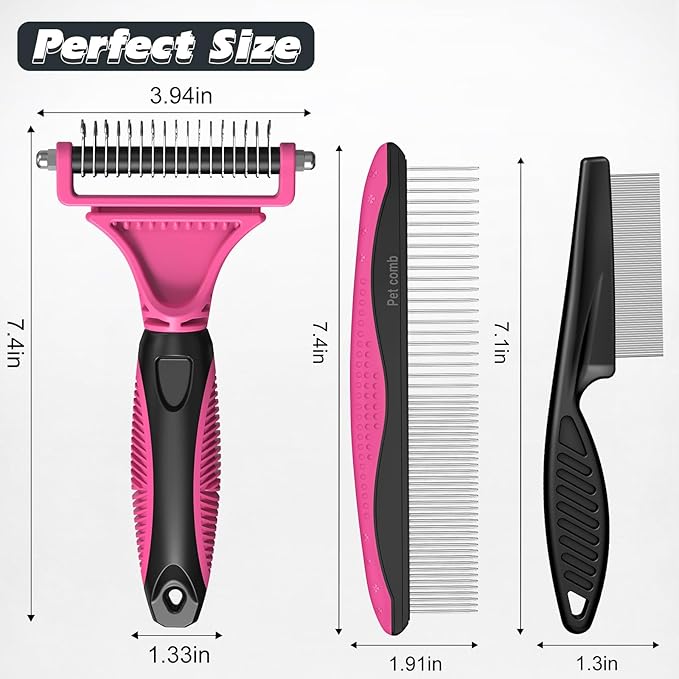 3PCS Pet Grooming Rake & Metal Comb & Flea Comb for Cats and Dogs, Double-Sided Dematting Tool, Extra-Wide Deshedding Dog Brush for Long Hair to Effectively Remove Tangles, Knots and Mats (Pink)