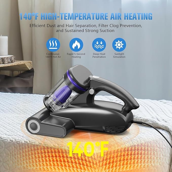 Bed Vacuum Cleaner Mattress Vacuum Cleaner,16Kpa Powerful Handheld Vacuums with UV-C Light & Double Dust Cup & High Heating & Ultrasonic & HEPA Filter for Bed Sofa(Corded,Black)