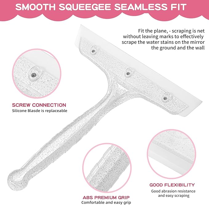 8" Silicone Shower Squeegee for Glass Doors with Silver Hair Comb Set, Bathroom,Kitchen Safe Water Blade, Car Window,Mirror, Tile Scraper — Ideal for Hair Care and Glass Cleaning