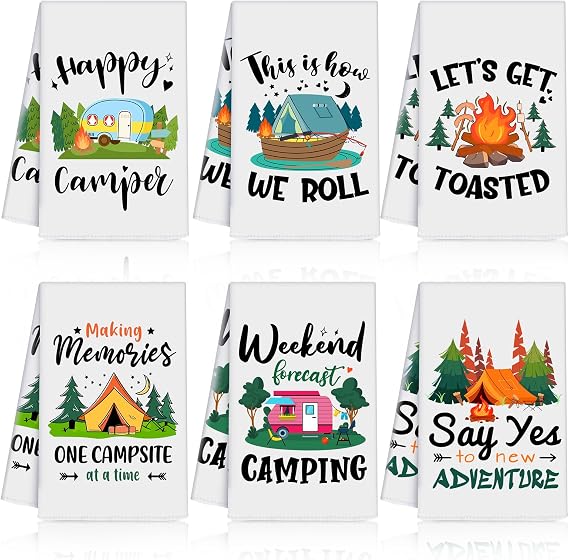 Zubebe Set of 6 Camping Kitchen Towels White Absorbent Dishcloth Bonfire Tent Tea Towels 28 x 18 Inches with Funny Sayin