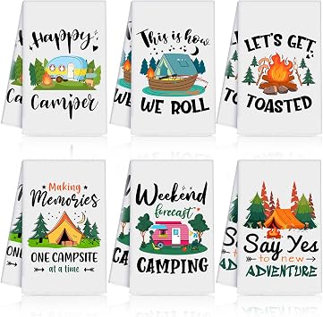 Zubebe Set of 6 Camping Kitchen Towels White Absorbent Dishcloth Bonfire Tent Tea Towels 28 x 18 Inches with Funny Sayin