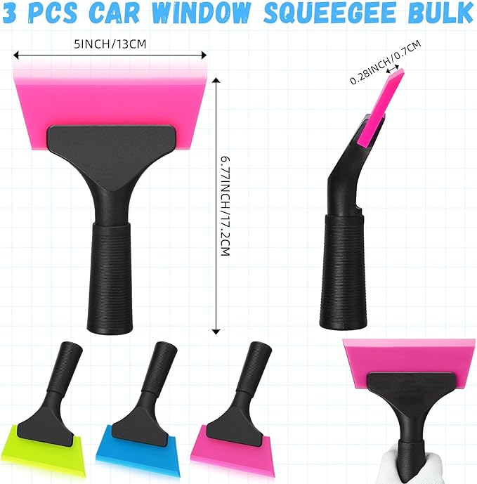 3 Pcs Small Squeegee 5 Inch Window Tint Silicone Squeegee Cleaning with Non Slip Handle Wiper Window Tinting Tools for Car Glass Mirror Shower Bathroom Auto (Blue+Green+Pink)
