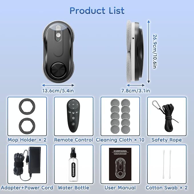 KKI Window Cleaning Robot, Automatic Window Cleaner Robot, Dual Spray, Max 3200Pa, AI Path Planning & Edge Detection, Remote Control for High-Rise Windows, Glass,Door,10xCloths, X3