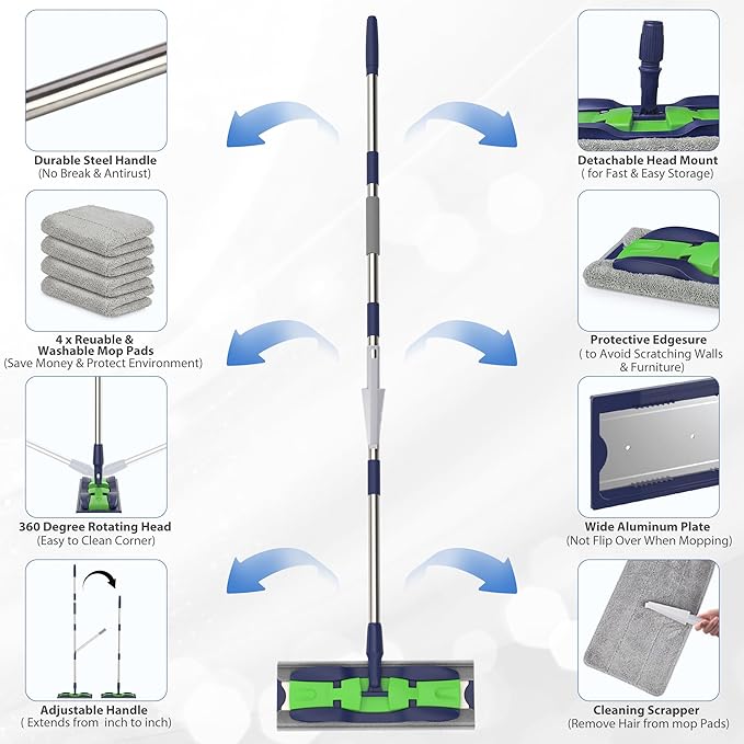 Microfiber Mops for Hardwood Floor Cleaning: MEXERRIS Flat Floor Mop with 4 Washable Pads 59" Adjustable Handle - Dust Dry Mops for Kitchen Bathroom Tile Laminate Wood Vinyl - Home Commercial Mop