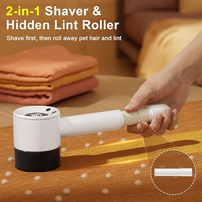 Heapsion Fabric Shaver Lint Remover, 10700 RPM Sweater Shaver with 6-Blade Head, Hidden Lint Roller, 3-Speed Fuzz Remover, LED Display, Type-C Rechargeable for Clothes & Furniture