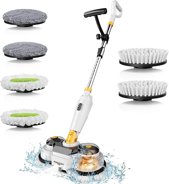 Cordless Electric Mop for Dewalt 20V Battery (NO Battery), 2 in 1 Spin Mop & Electric Floor Scrubber Machine with LED Light & Water Spray, 800 RPM Rotating Electric Mops for Floor (White Yellow)