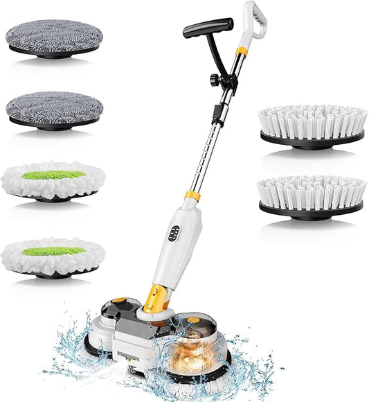 Cordless Electric Mop for Dewalt 20V Battery (NO Battery), 2 in 1 Spin Mop & Electric Floor Scrubber Machine with LED Light & Water Spray, 800 RPM Rotating Electric Mops for Floor (White Yellow)