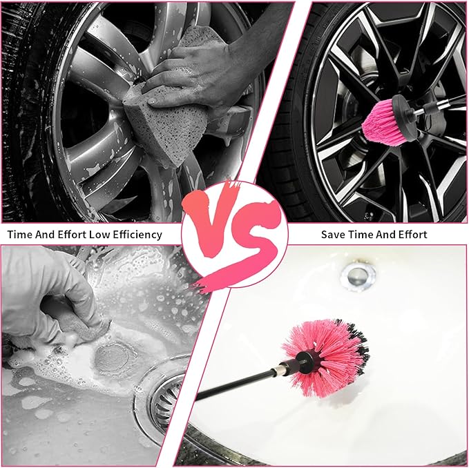 8 Pcs Drill Brush Attachment Set, Power Cleaning Scrub Brush Kit with Extend Long Attachment, All Purpose Drill Scrub Brushes for Car, Grout, Floor, Tub, Bathroom and Kitchen (Pink)