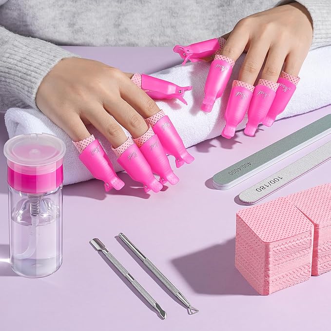 TsMADDTs Gel Nail Polish Remover Tools Kit with Lint Free Wipes, Nail Remover Clips, 100ml Nail Polish Remover Bottle, Cuticle Tools and File, Buffer Blocks