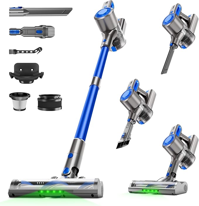Cordless Vacuum Cleaner for Home, Powerful Stick Vacuum with Rechargeable Battery, Green Light Anti-Tangle Brush, 6-in-1 Lightweight Handheld Vacuum for Pet Hair, Hard Floor, Carpet, Blue