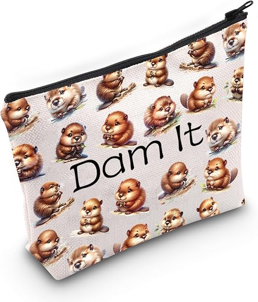 JXGZSO Funny Beaver Cosmetic Bag Beaver Lover Gift Rodent Beaver Dam It Makeup Pouch Bag (Dam It Bag)