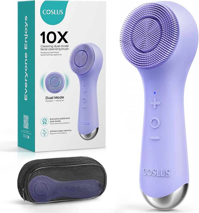 COSLUS Face Scrubber Facial Cleansing Brush: 2 in 1 Spin and Vibration Patented Tech, Silicone Electric Exfoliator Scrubber with Automatic Foaming, Waterproof Face Cleanser Brush for Men (Purple)