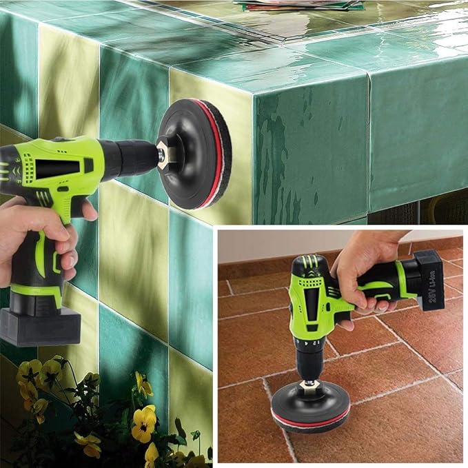 DUOSHIDA 4 Inch Drill Powered Brush Tile Scrubber Scouring Pads Cleaning Kit, 2 Different Stiffness, 4-Inch Disc Pad Holder with 6 Scrubbing Pads, Cleans Large Flat Areas Perfectly (4-inch)