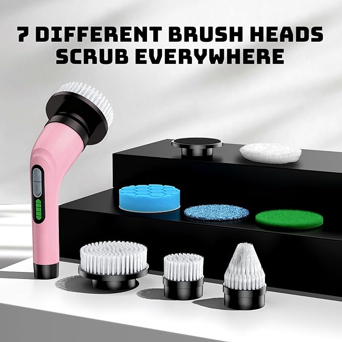 Electric Spin Scrubber - Cordless Bathroom Scrubber with 7 Brush Heads - Dual Speed IPX7 Waterproof Power Scrubber for Heavy-Duty Bathtub, Glass, Tile, and Car Cleaning (Pink)