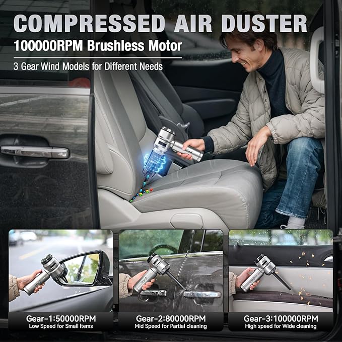 Car Vacuum Portable Cordless 22000PA High Power with Brushless Motor 4-in-1 Compressed Air Duster & Air Blower & Pump Hand Held Vacuum for Car, Home, Office, Ideal Gifts for Men & Women