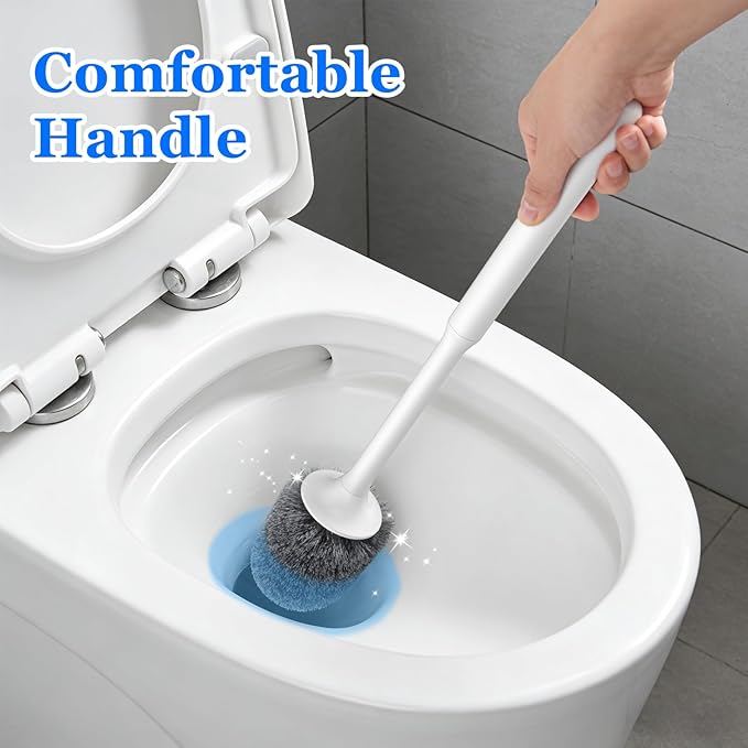 Toilet Brush, 2 Pack Toilet Bowl Brush and Holder Set Ergonomic Long Handle Toilet Scrubber with Ventilated Base for Quick Drying, for Bathroom Cleaning, White & Gray