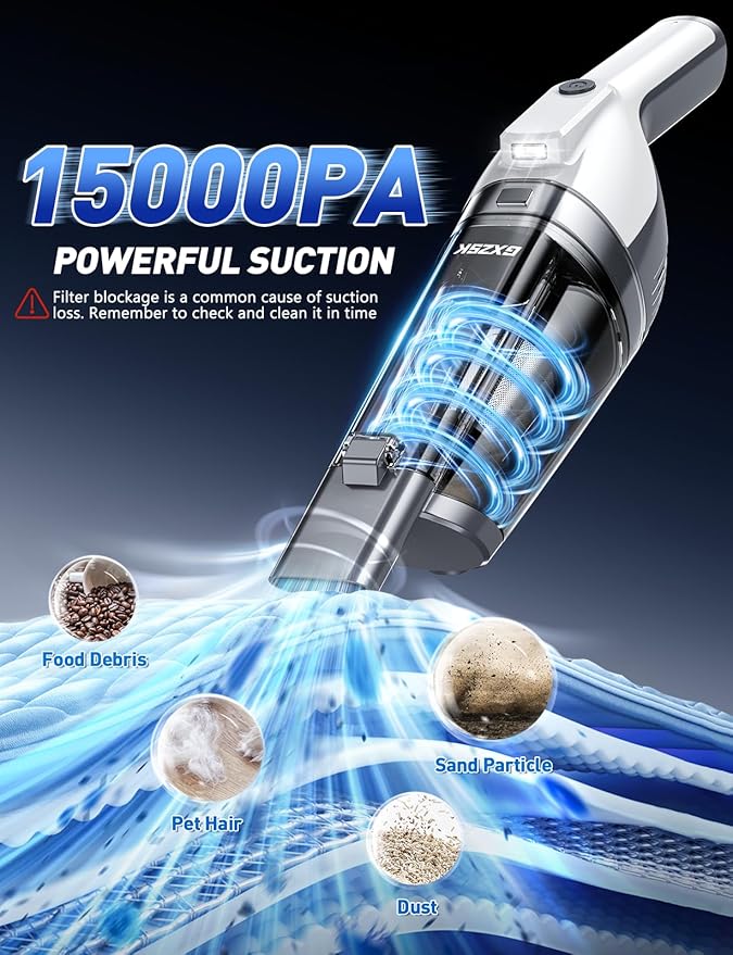 Handheld Vacuum Cordless, 15000PA Powerful Suction Hand Held Vacuum Cleaner, Car Vacuum Portable Cordless with Large-Capacity Dust Bin & LED Light, High Power Hand Vacuum for Home, Car, Office, Pet