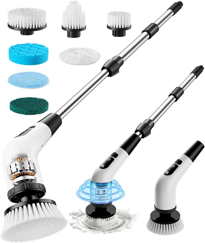 Powerful Electric Spin Scrubber, for Mom, Cordless Cleaning Brush, 90-Min Extended Runtime, Telescopic Long Handle, 8 Replaceable Heads, 2 Speeds for Bathroom, Floor & Glass