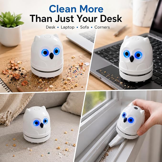 Mini Desktop Vacuum Cleaner Owl Desk Vacuum Cleaner Cute Desk Vacuum Sweeper for Cleaning Eraser Waste, Crumbs, Hair, Paper Scraps on Computer Piano Keyboard Countertop Car