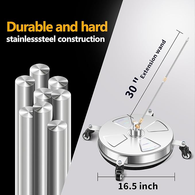 16" Pressure Washer Surface Cleaner with 4 Wheels - Stainless Steel Surface Cleaner for Pressure Washer Attachment for Concrete, Patio, Sidewalk, Deck, Driveways and Daily Washing - PWS 16