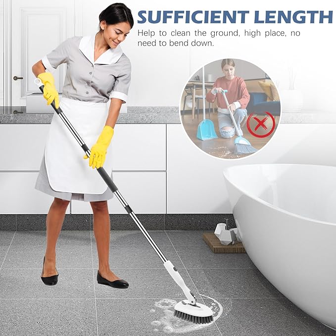 SetSail 4-in-1 Tile Tub Floor Scrubber with 52-inch Adjustable Long Handle Shower Cleaner Brush Comes with Floor Scrub Brush and 3 Replacement Brush Heads for Cleaning Bathroom Tub Tile, White Grey