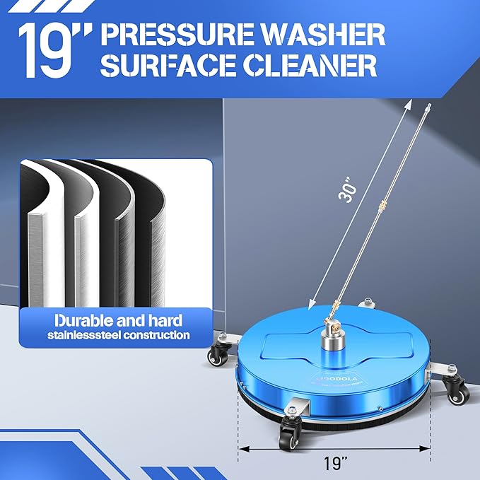 LidoDola 19'' Pressure Washer Surface Cleaner with 4 Wheels - Stainless Steel Surface Cleaner for Pressure Washer Attachment for Concrete, Driveway, Patio, Sidewalk, Deck and Driveways (19 INCH Blue)