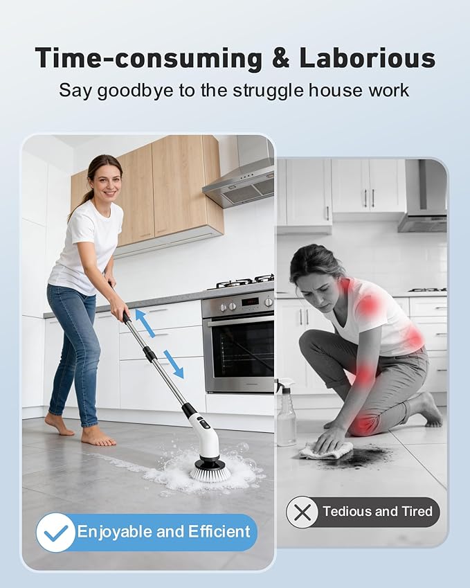 Powerful Electric Spin Scrubber, for Mom, Cordless Cleaning Brush, 90-Min Extended Runtime, Telescopic Long Handle, 8 Replaceable Heads, 2 Speeds for Bathroom, Floor & Glass