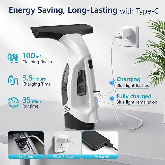 Window Vacuum Squeegee Cordless with Extendable Pole 31-40", 2000Pa Electric Window Cleaner with 2200mAh and 150ml Dirty Water Tank, Long Handle Shower Squeegee for Glass Door, Windows (White)