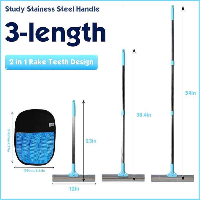 Carpet Rake for Pet Hair Removal, 54" Adjustable Long Handle 3 in 1 Carpet Rake & Pet Hair Removal Gloves for Cat Dog Fur Remover for Carpets, Rugs, Mats and Furniture(with 2 Hooks)