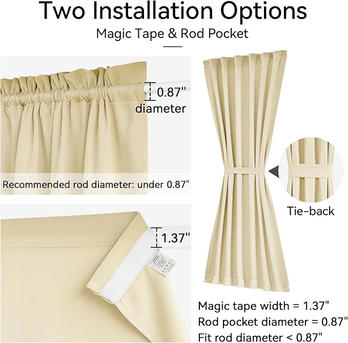 Vatge French Door Curtains - 36W x 72L Front Door Curtain Panel, Rodless Installation Door Window Curtains for Doorways, 1 Panel, W36 x L72, Light Beige