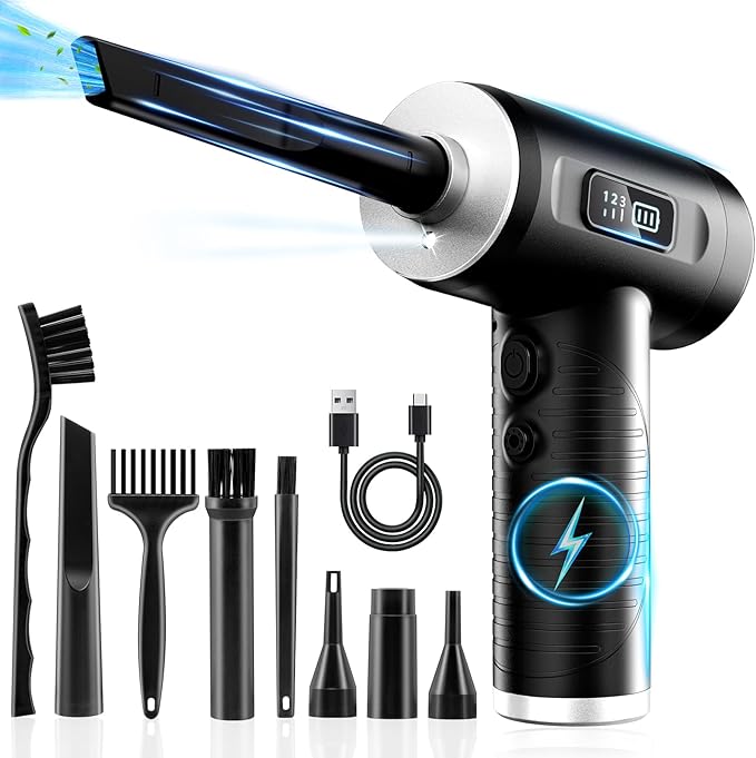 Compressed Air Duster, 100000RPM Super Power Electric Air Duster with LED Light, 3-Gear Adjustable Rechargeable Cordless Air Blower for Keyboard Car House Electric Devices Cleaning Outdoor