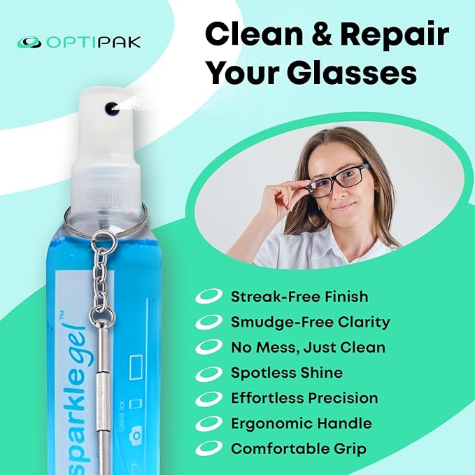 Sparkle Anti-Reflective Safe Gel Lens Cleaner & Repair Kit – (2) 2oz Glasses Cleaner Spray, (2) Microfiber Cloth & Keychain Screwdriver for Eyeglasses, Lenses & Screens (5 Piece Set)