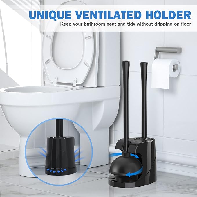 Toilet Plunger and Brush Set, Silicone Toilet Brush and Plunger with Holder for 5.7-inch Toilet Drain, 2-in-1 Toilet Brush Plunger Combo with Caddy Stand (Black)