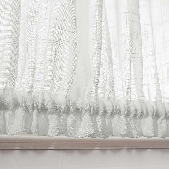 jinchan Linen French Door Curtain with Open Weave Semi-Sheer Door Curtain Decor 40 Inches Long Drape Rod Pocket 1 Panel Light-Filtering Privacy Window Decor 1 Tieback Included White