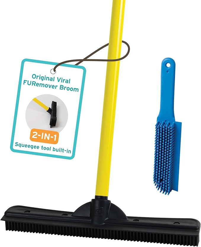 FURemover Pet Hair Removal Rubber Broom, 58" Telescopic Handle with Lint Brush
