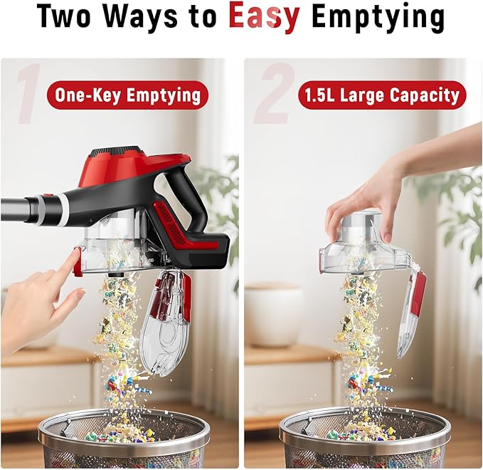 Cordless Vacuum Cleaner for Home, Stick Vacuum 45Kpa, Smart Display & 1.5L Dust Cup, MAX 40mins Runtime, Rechargeable Lightweight Handheld Vavuum for Pet Hair/Carpet/Hardwood Floor/Car (Crimson)