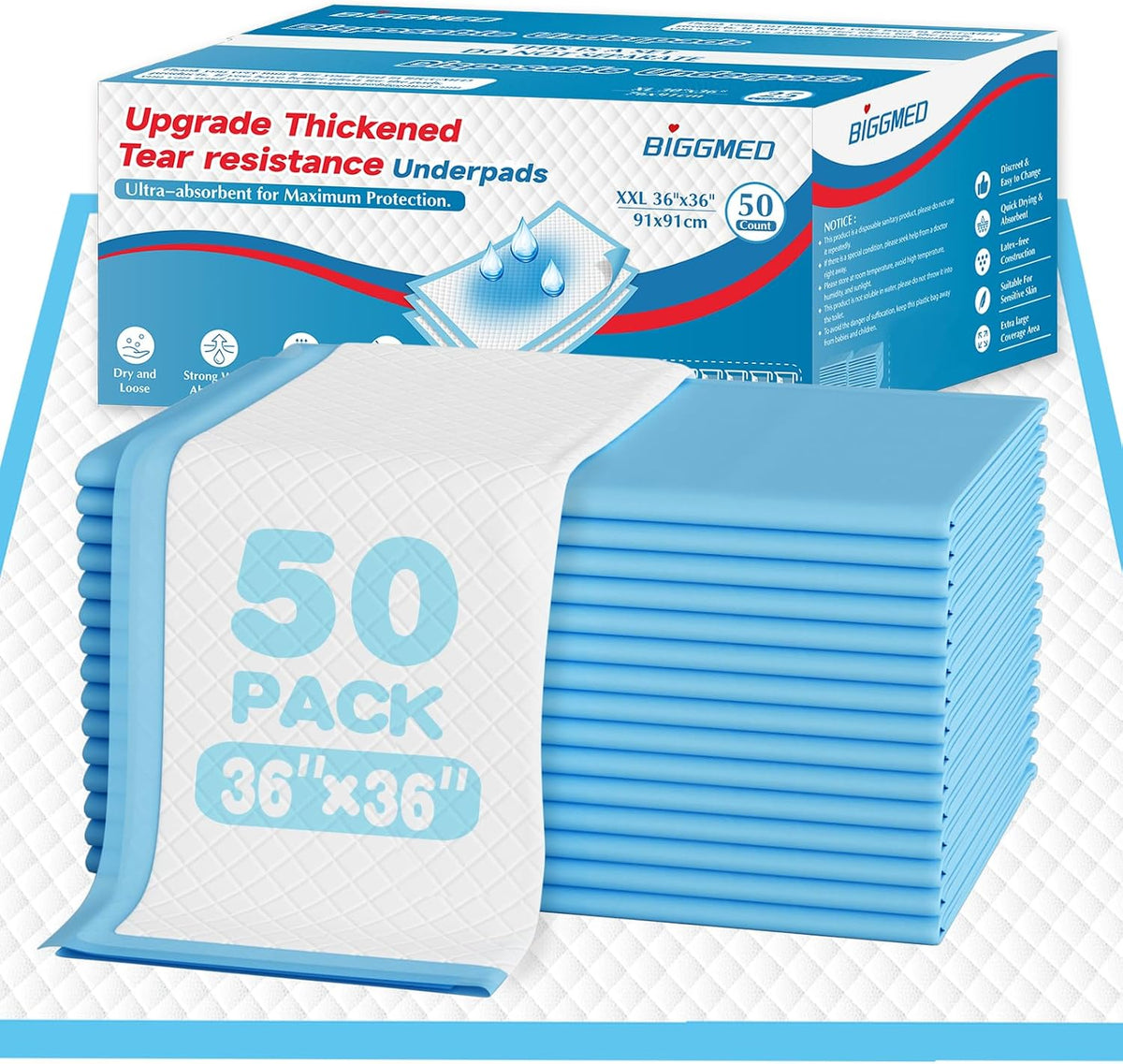 36" x 36" Tear-Resistant Chucks Pads Disposable 50 Count