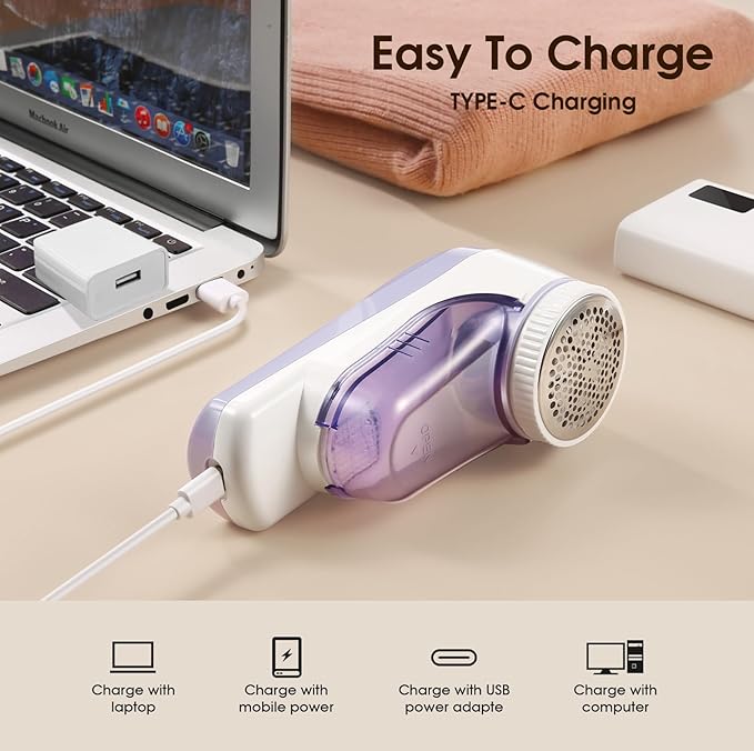 Fabric Shaver Rechargeable, Electric Lint Remover & Pill Remover for Clothes, USB-C Sweater Shaver with 6-Leaf Blade Depiller, Removes Fuzz Pills Bobbles from Cashmere Fleece Couch Furniture