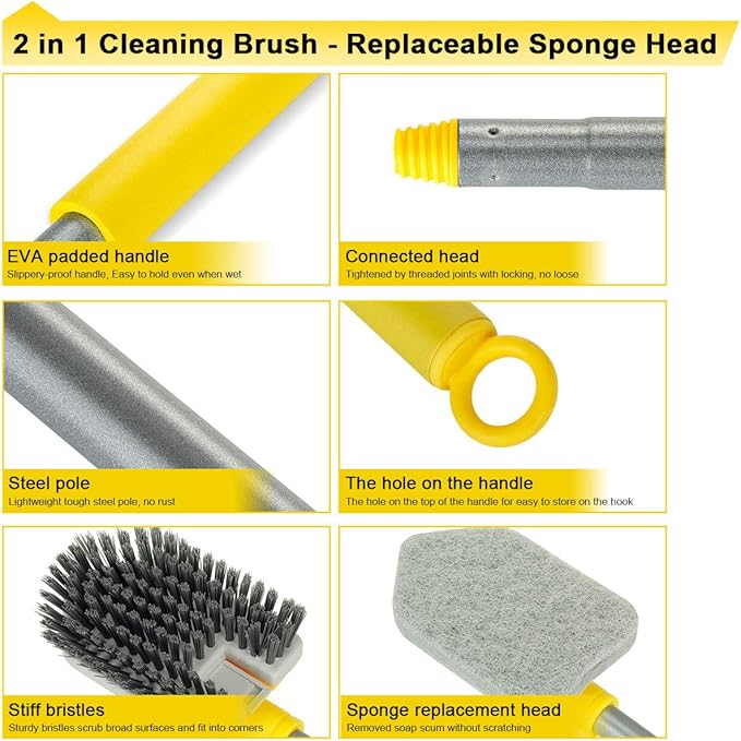 Lalafancy Shower Cleaning Brush with Locking Head, 3 in 1 Tub Tile Scrubber Brush with 50'' Extendable Long Handle Stiff Bristles Scouring Pads Microfiber for Cleaning Bathtub Shower Wall Bathroom