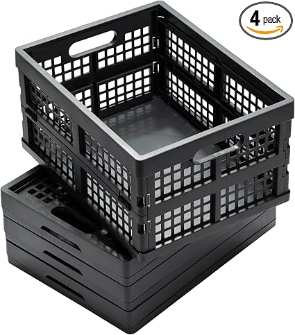 Eslite 16L Collapsible Storage Crates,Folding Plastic Crates for Storage,Pack of 4,Gray