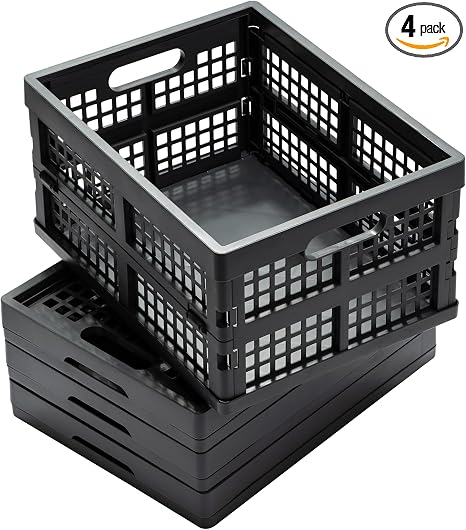 Eslite 16L Collapsible Storage Crates,Folding Plastic Crates for Storage,Pack of 4,Gray