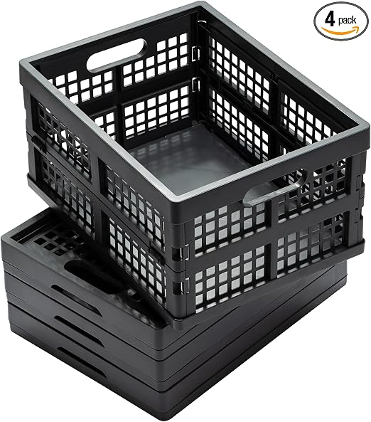 Eslite 16L Collapsible Storage Crates,Folding Plastic Crates for Storage,Pack of 4,Gray