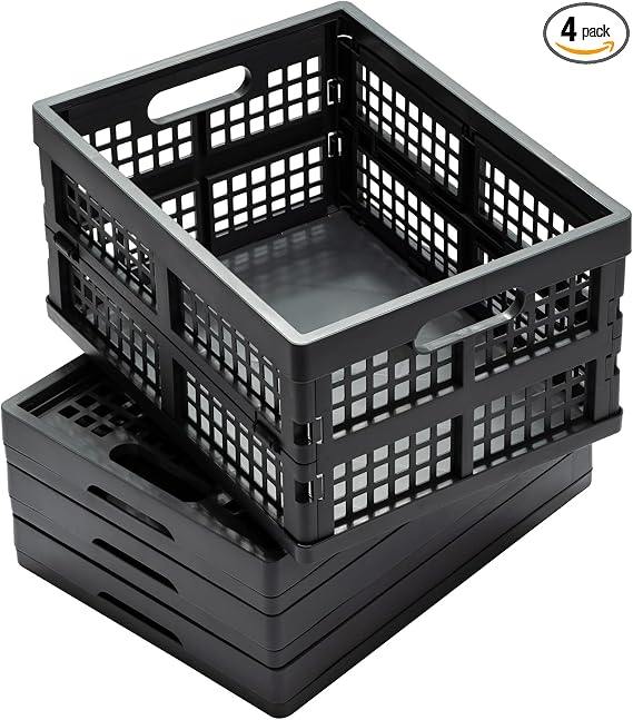 Eslite 16L Collapsible Storage Crates,Folding Plastic Crates for Storage,Pack of 4,Gray