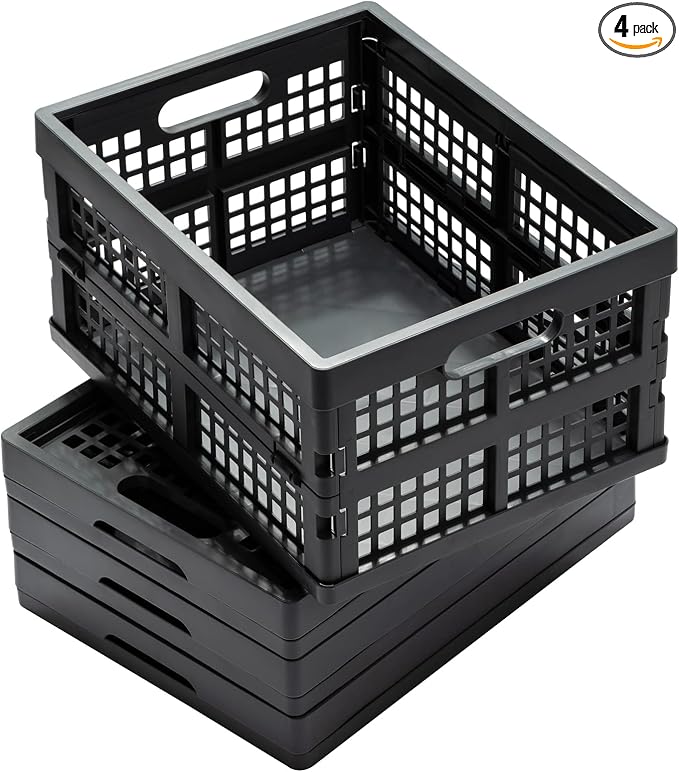Eslite 16L Collapsible Storage Crates,Folding Plastic Crates for Storage,Pack of 4,Gray