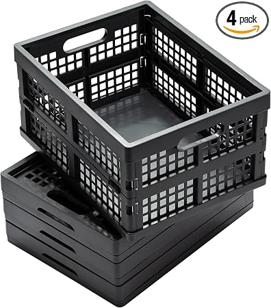 Eslite 16L Collapsible Storage Crates,Folding Plastic Crates for Storage,Pack of 4,Gray