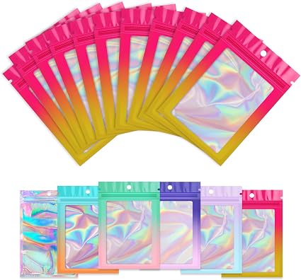 Funfery 100 Pack Gradient Holographic Bags,Mylar Resealable Bag with Zipper,Clear Window Packaging Pouchs,Smell Proof Fo
