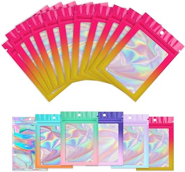 Funfery 100 Pack Gradient Holographic Bags,Mylar Resealable Bags with Zipper,Clear Window Packaging Pouchs,Smell Proof F