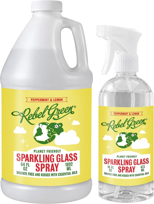 Rebel Green Sparkling Glass Spray, Streak-Free Natural Glass Cleaner