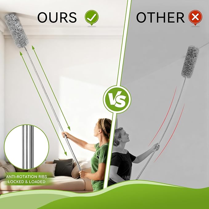 100-inch Duster with Extension Pole, 9-in-1 Cobweb Duster Kit Includes Spider Web Brush & Flat Gap Cleaner for High Ceiling, Fan, Under Appliances, Car, Home Deep Cleaning