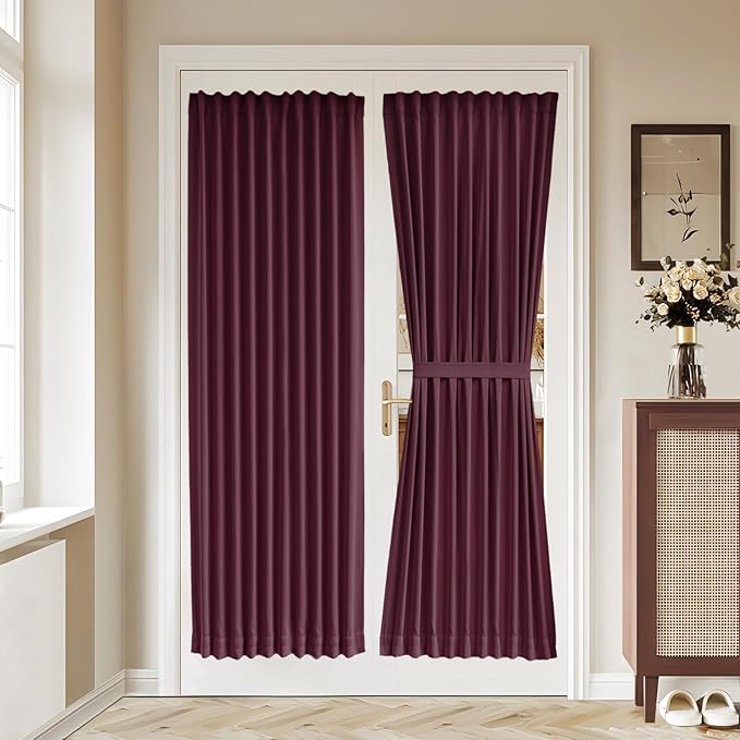 Vatge Self Adhesive Burgundy Red French Door Curtains - No Drill Rodless Blackout Panels for Sliding Glass Doors, 1 Panel, W36 x L72, Burgundy